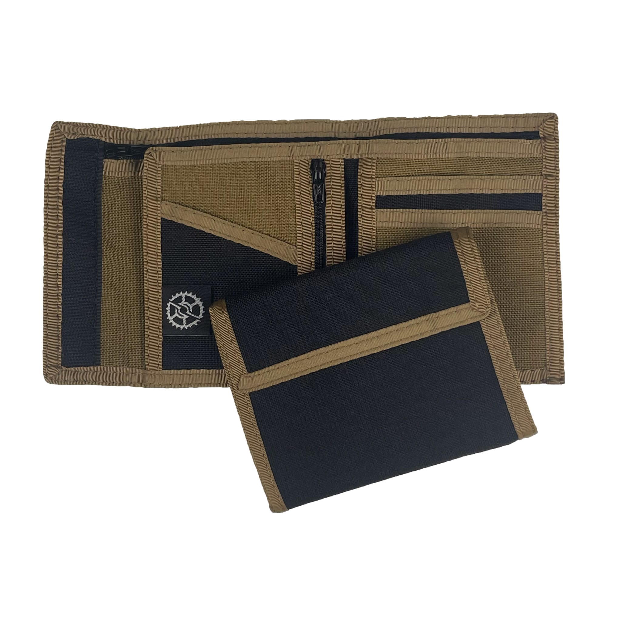 A black and brown nylon bifold wallet shown both open and closed.