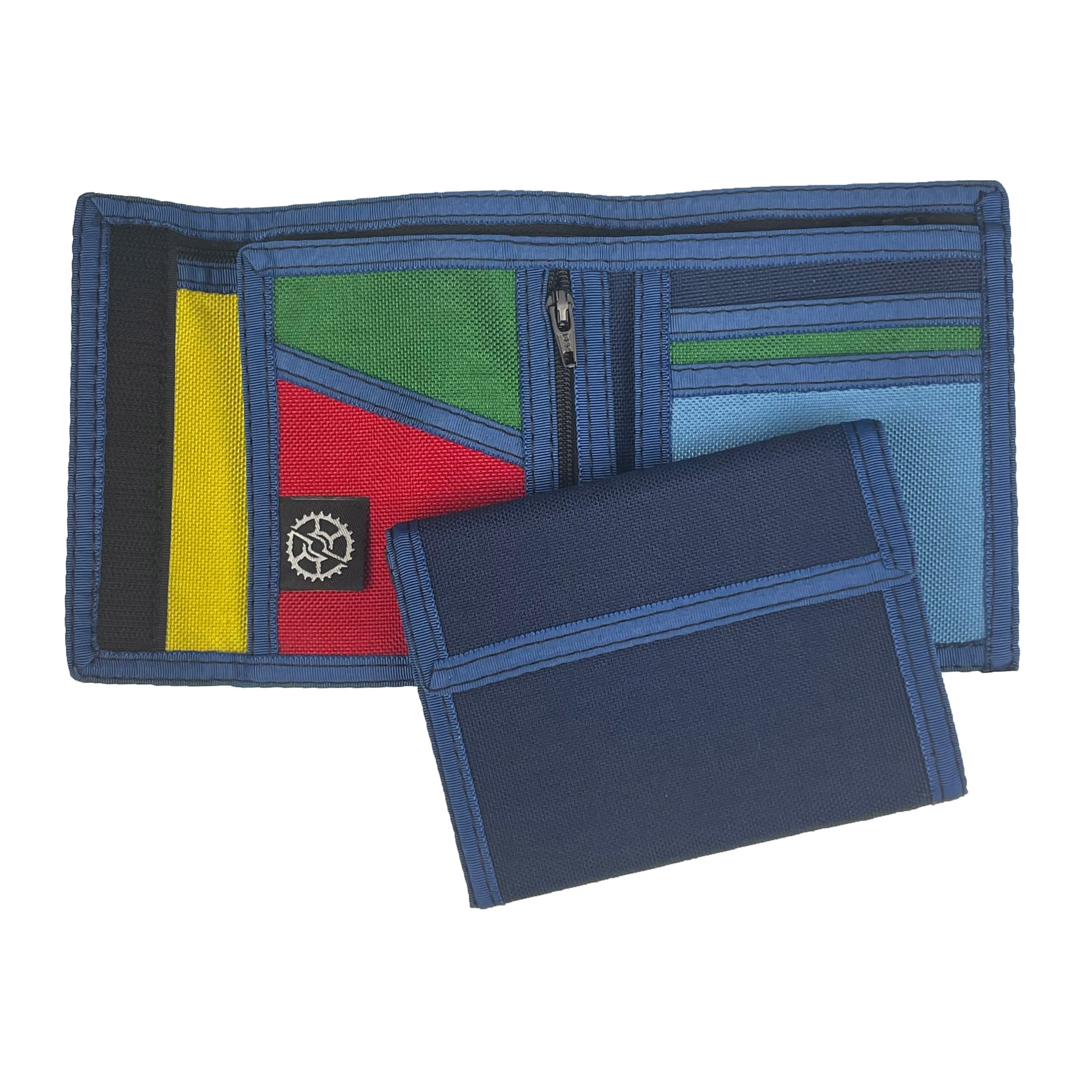 A colorful navy nylon bifold wallet shown both open and closed.