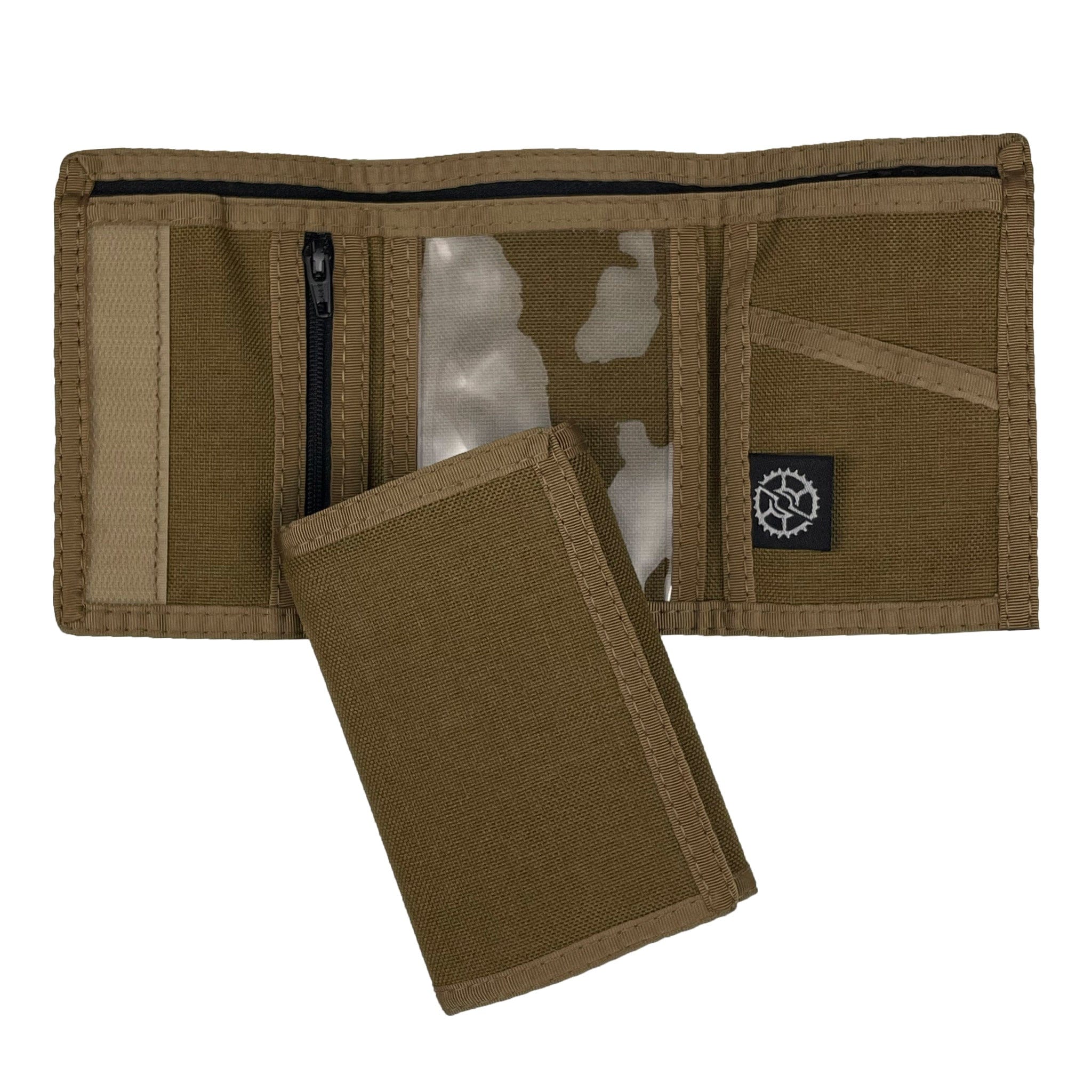 Coyote brown trifold wallet shown both open and closed on a white background