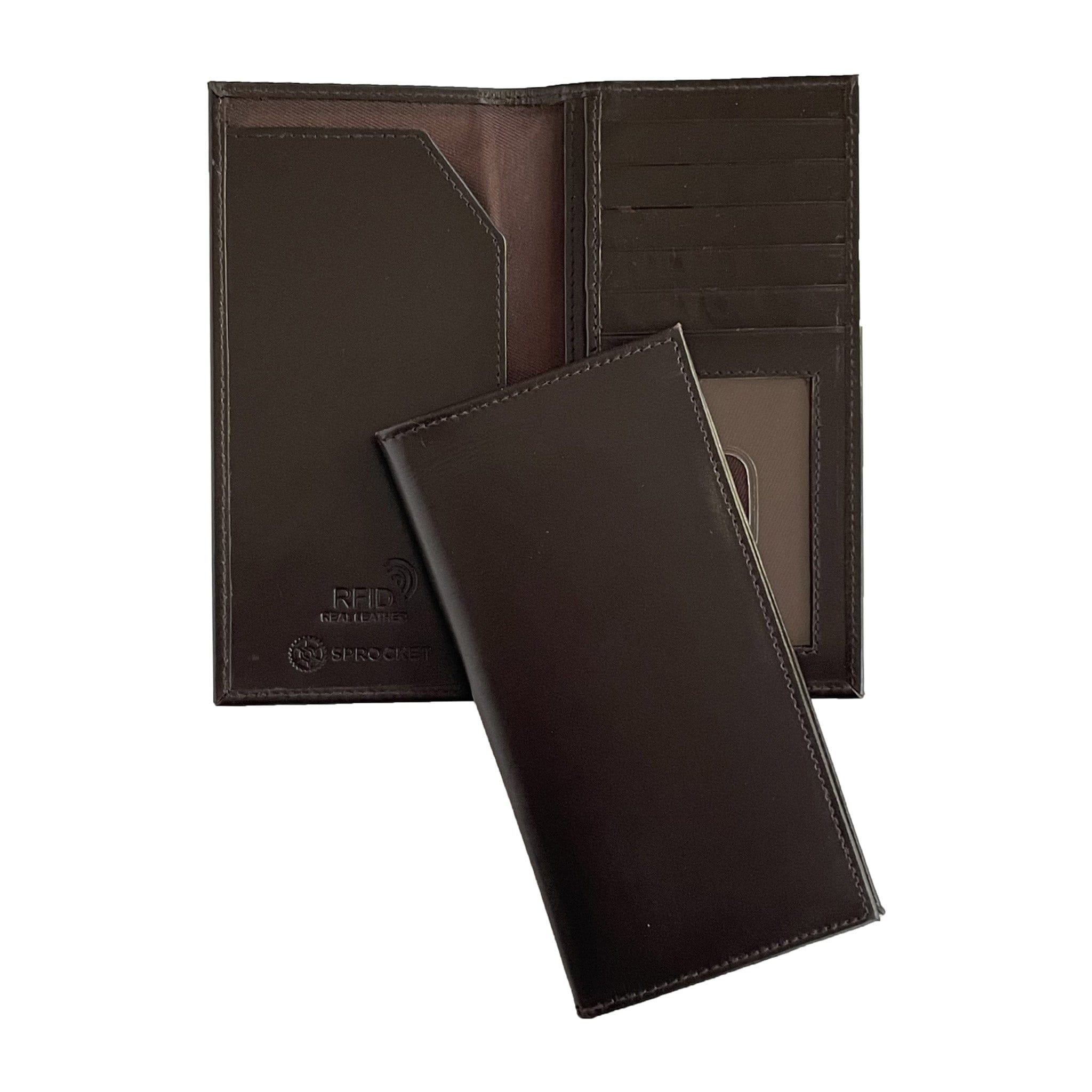 Brown leather long wallet with a brand logo and rfid protection on a white background.