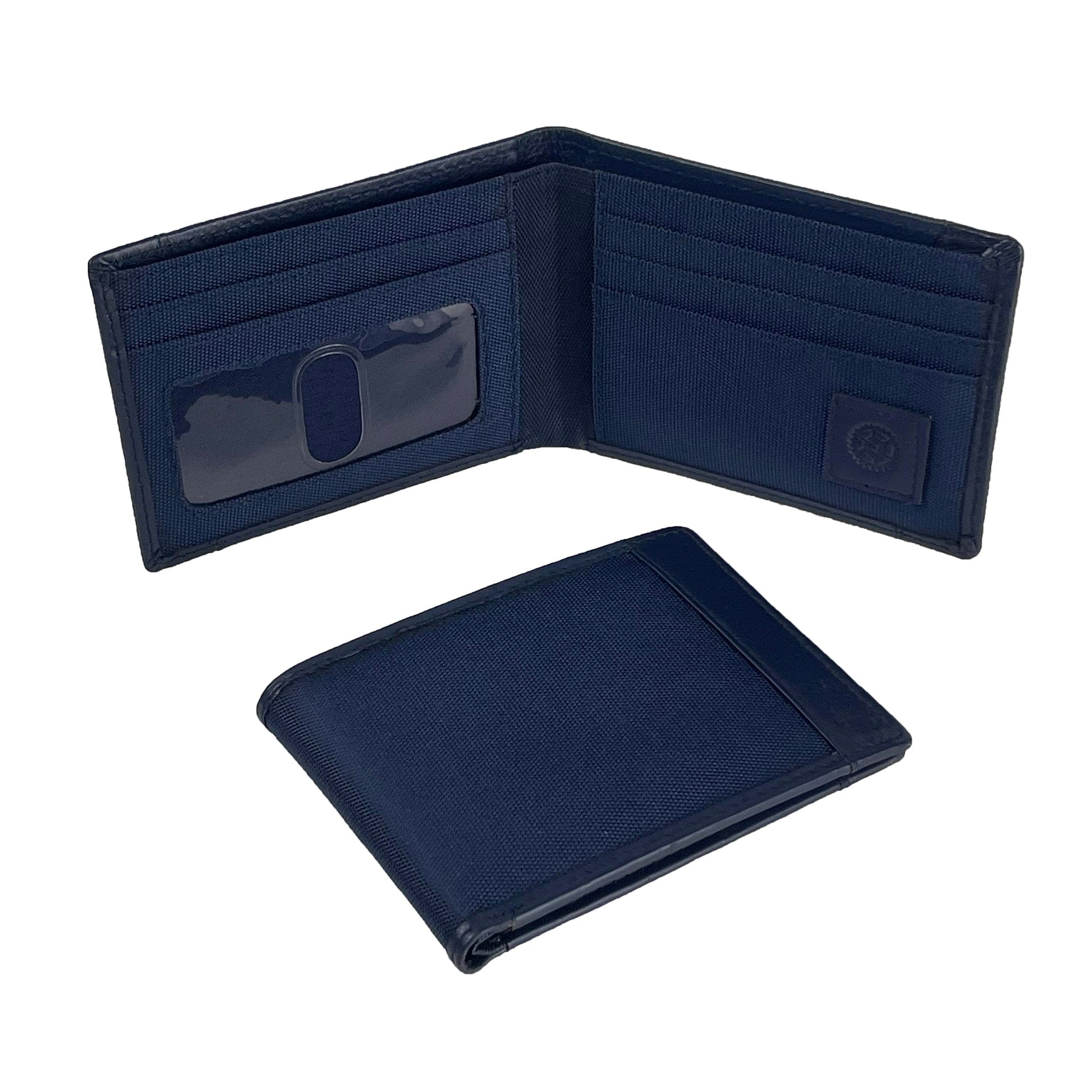 Navy blue wallet open and closed on a white background