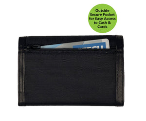 Nylon Trifold Wallet with Leather Trim  - Black