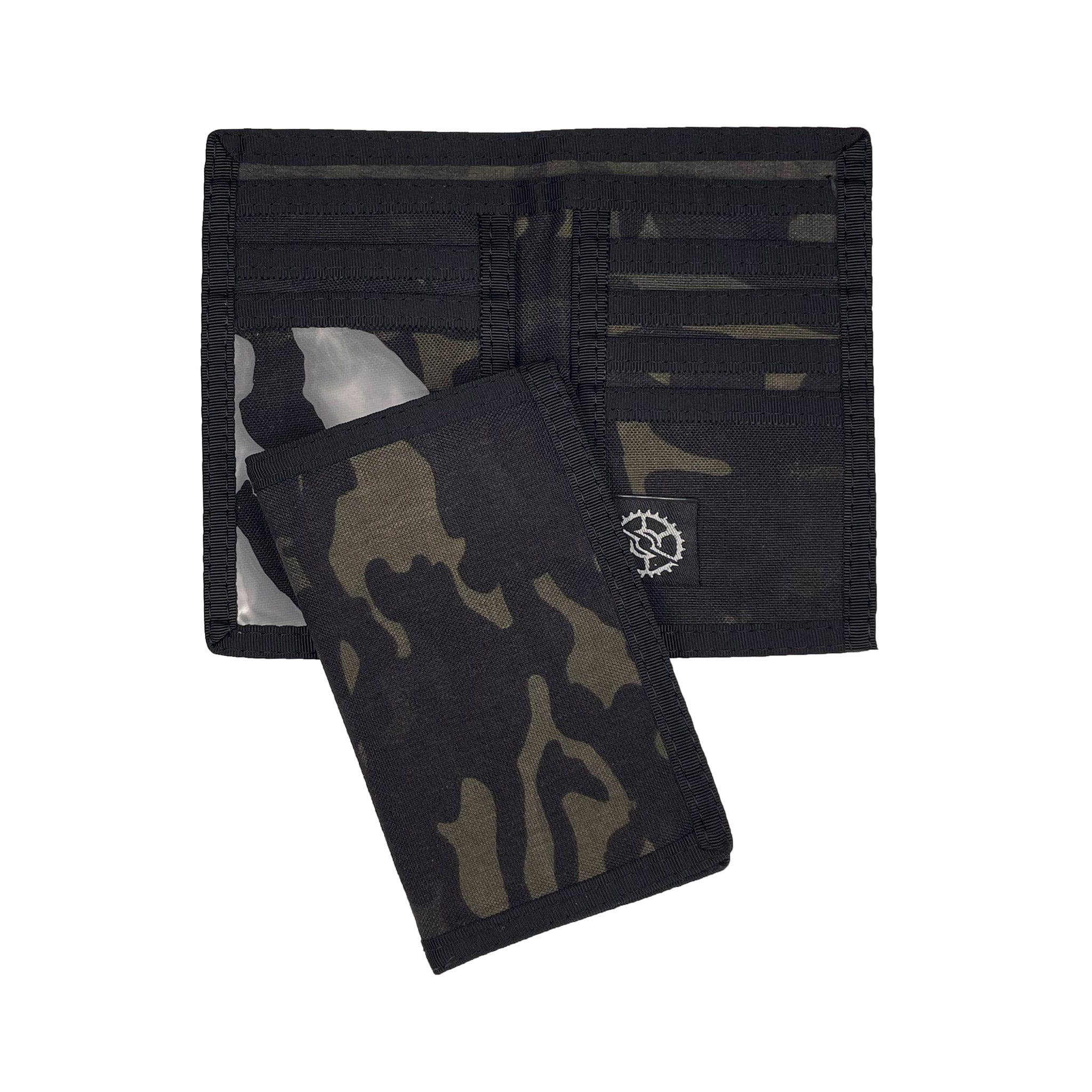 MultiCam Black Camo nylon card sleeve wallet shown both open and closed on a white background.