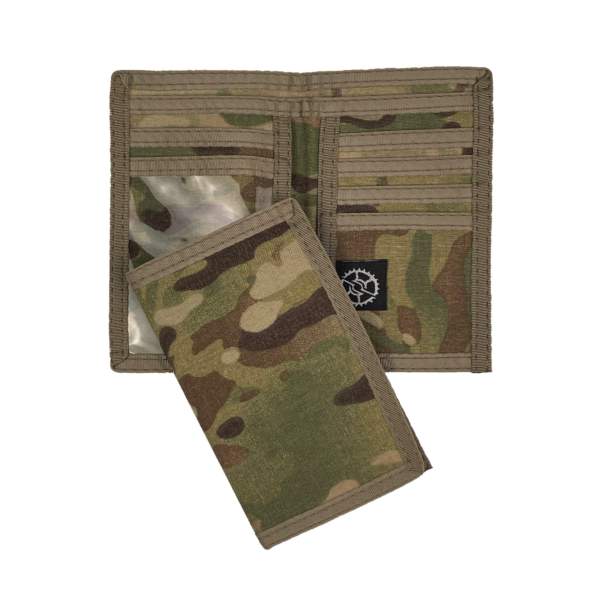 MultiCam Camo nylon card sleeve wallet shown both open and closed on a white background.