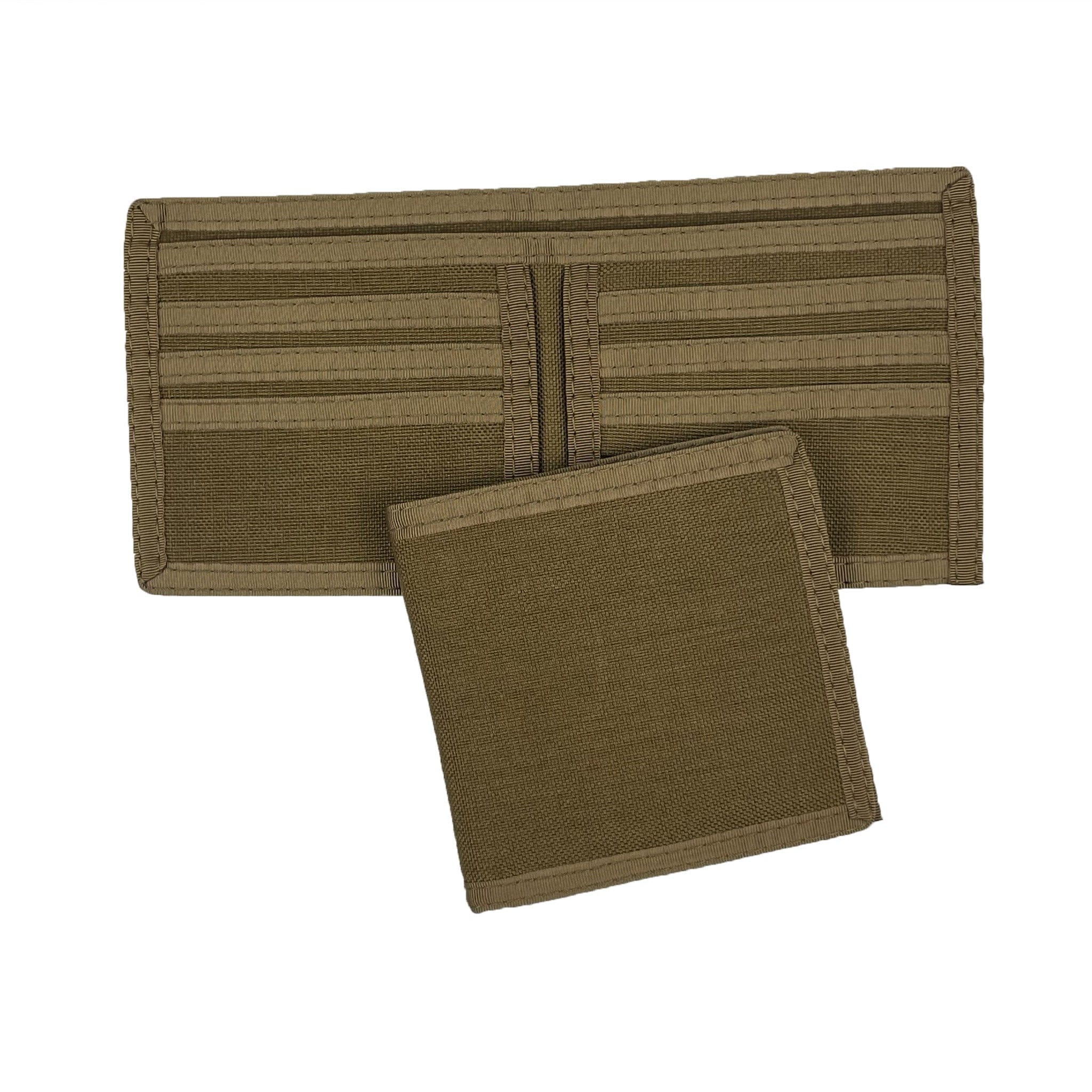 Coyote brown nylon hipster wallet shown both open and closed on a white 