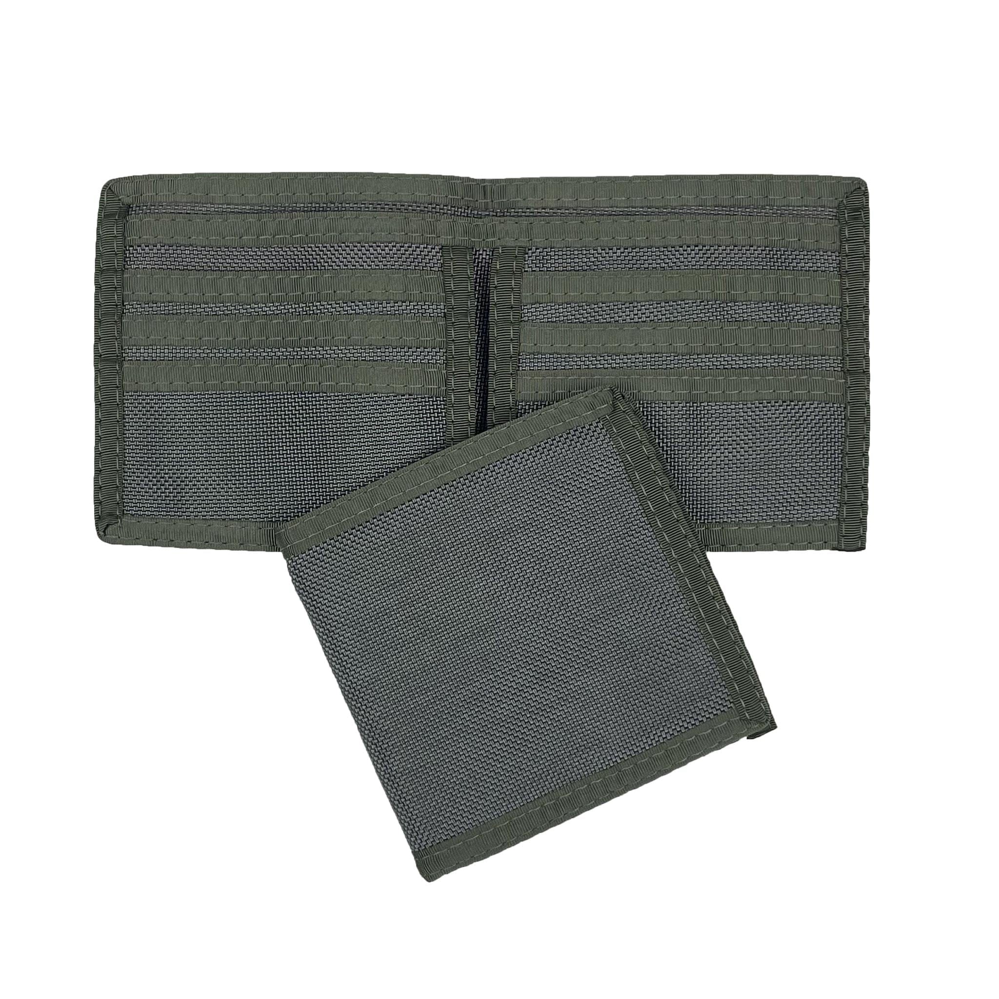 Grey hipster wallet shown both open and closed on a white background