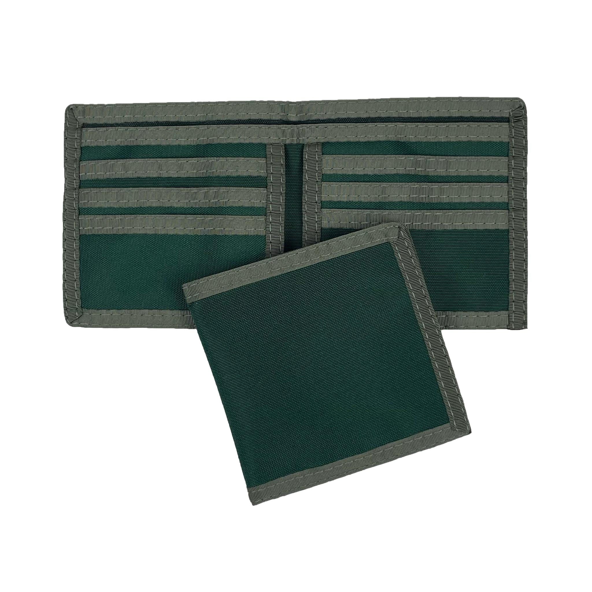 Green hipster wallet shown both open and closed wallet on a white background.