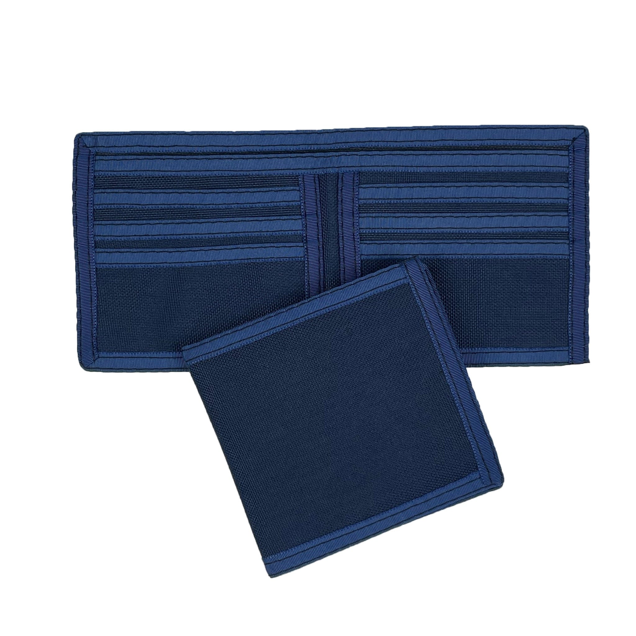Navy blue nylon hipster wallet shown both open and closed on a white background