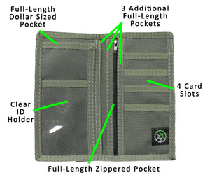 Executive nylon checkbook wallet in the color granite, shown open with description of product features.